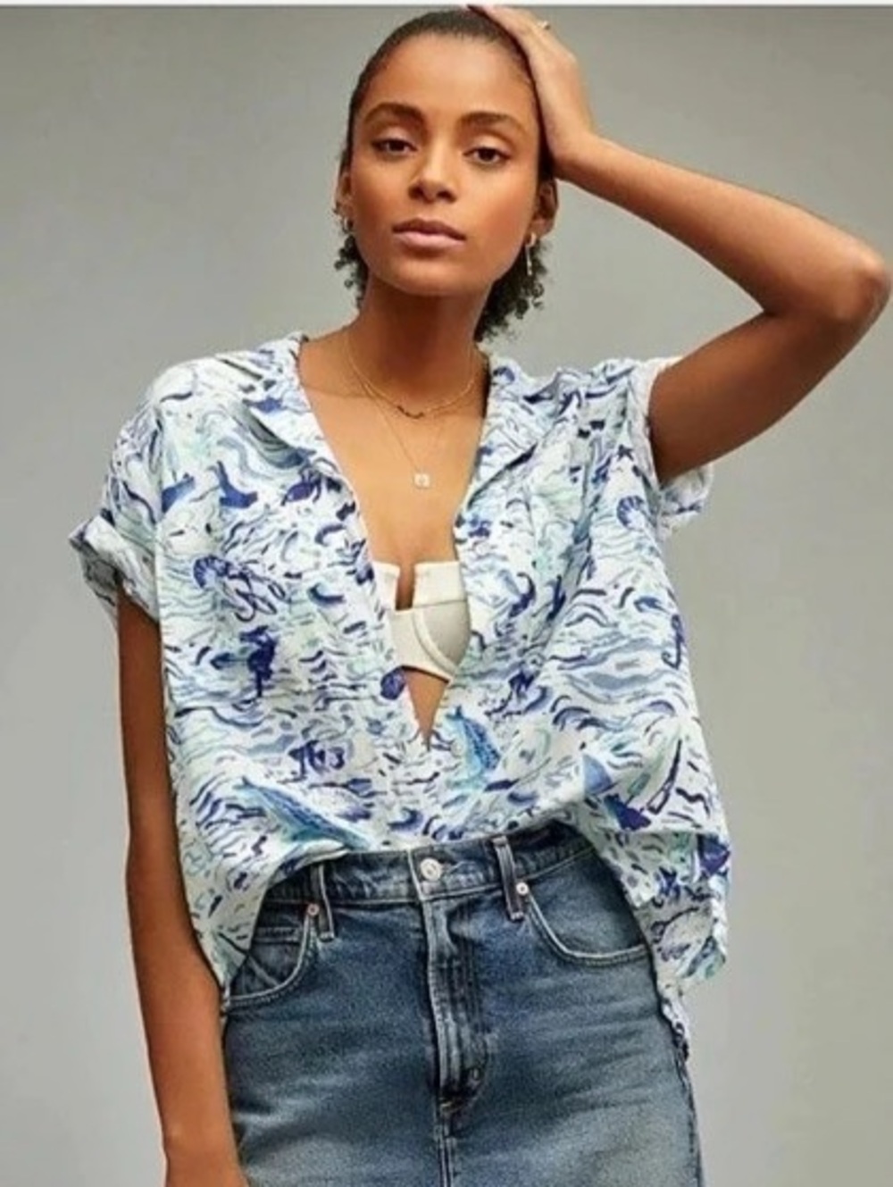 Maeve Classic Surf Shirt Blue & White Linen Blend Size Medium Like New